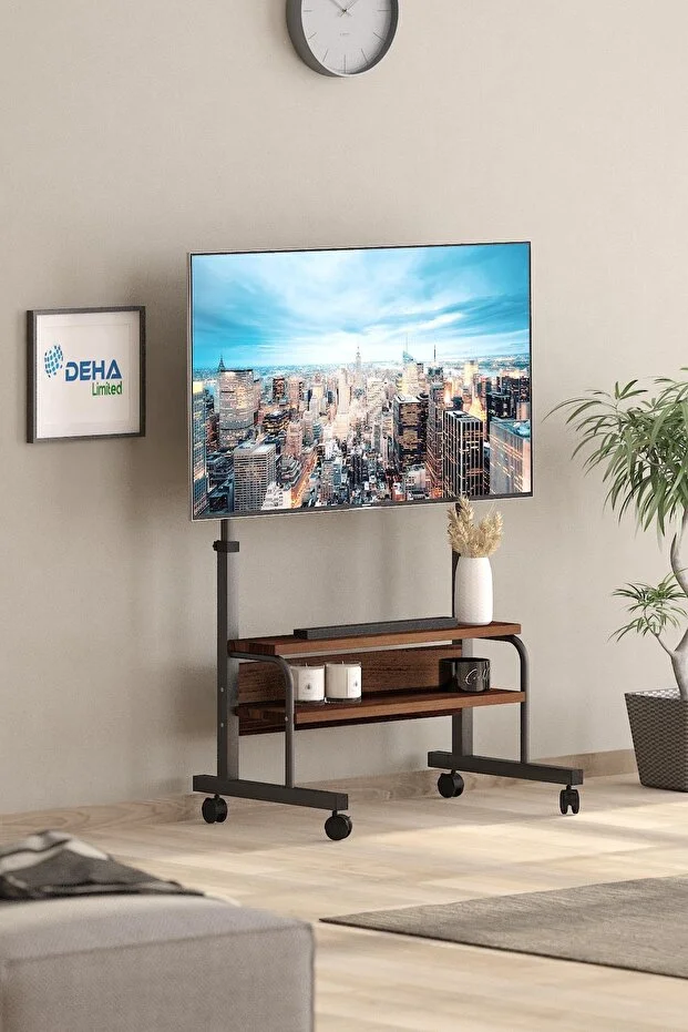 Frenli Tekerlekli Yükseklik Ayarlı TV Duvar Paneli  Tv Standı Konsol Hareketli Televizyon Ünitesi